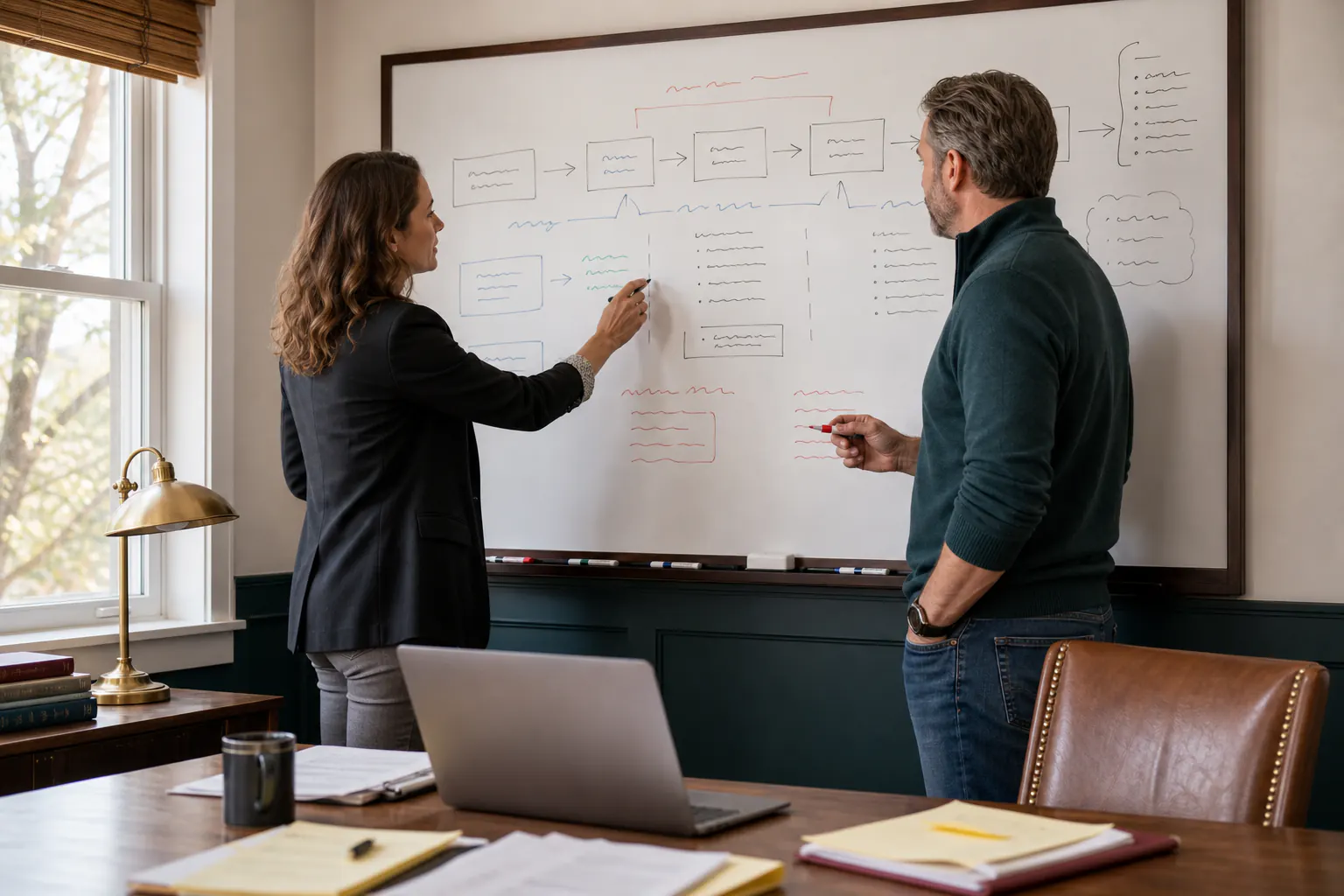 Illustrative small-business owner and advisor reviewing a proposal workflow
