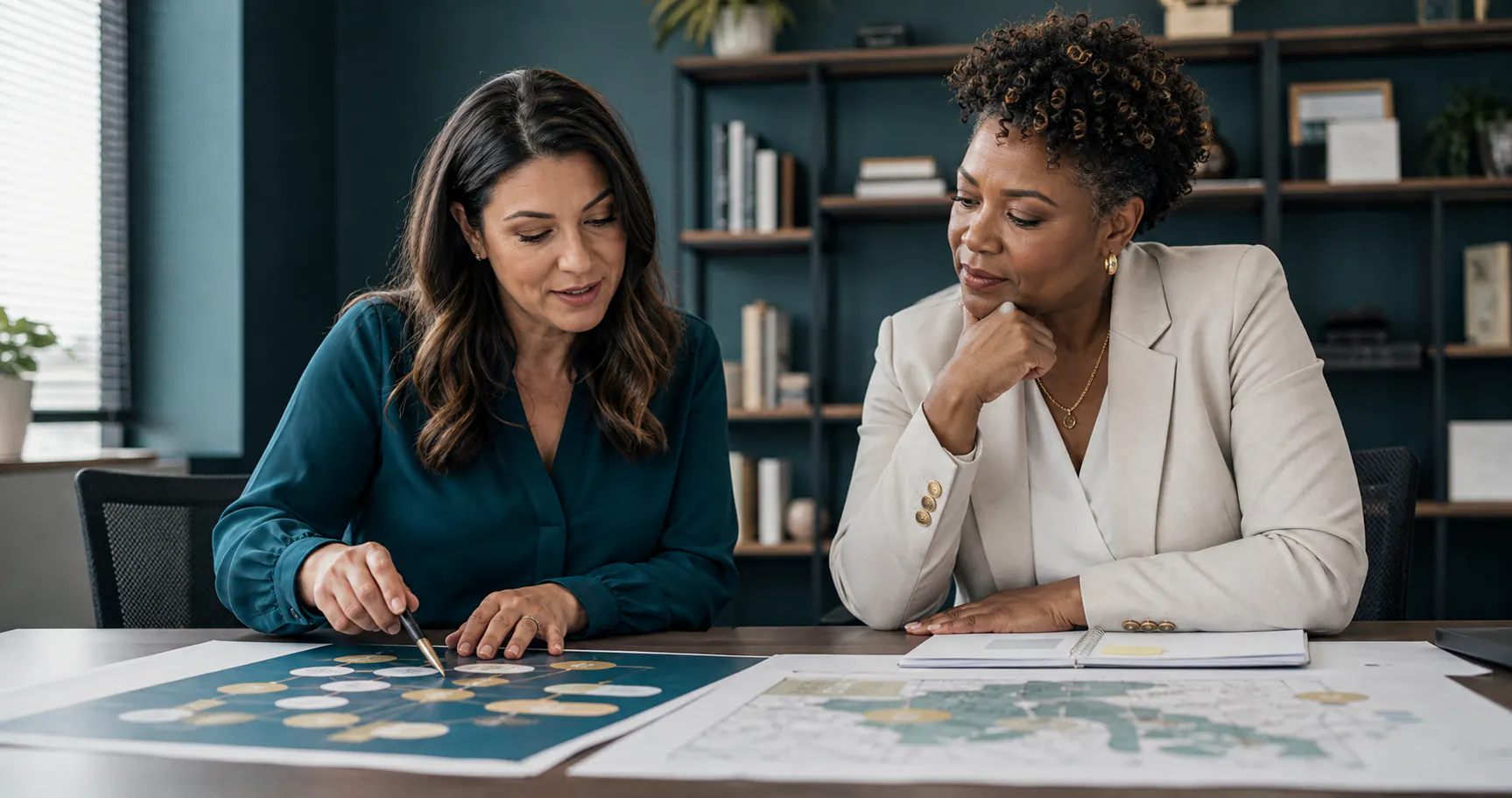 A small-business owner and advisor reviewing a capability map together