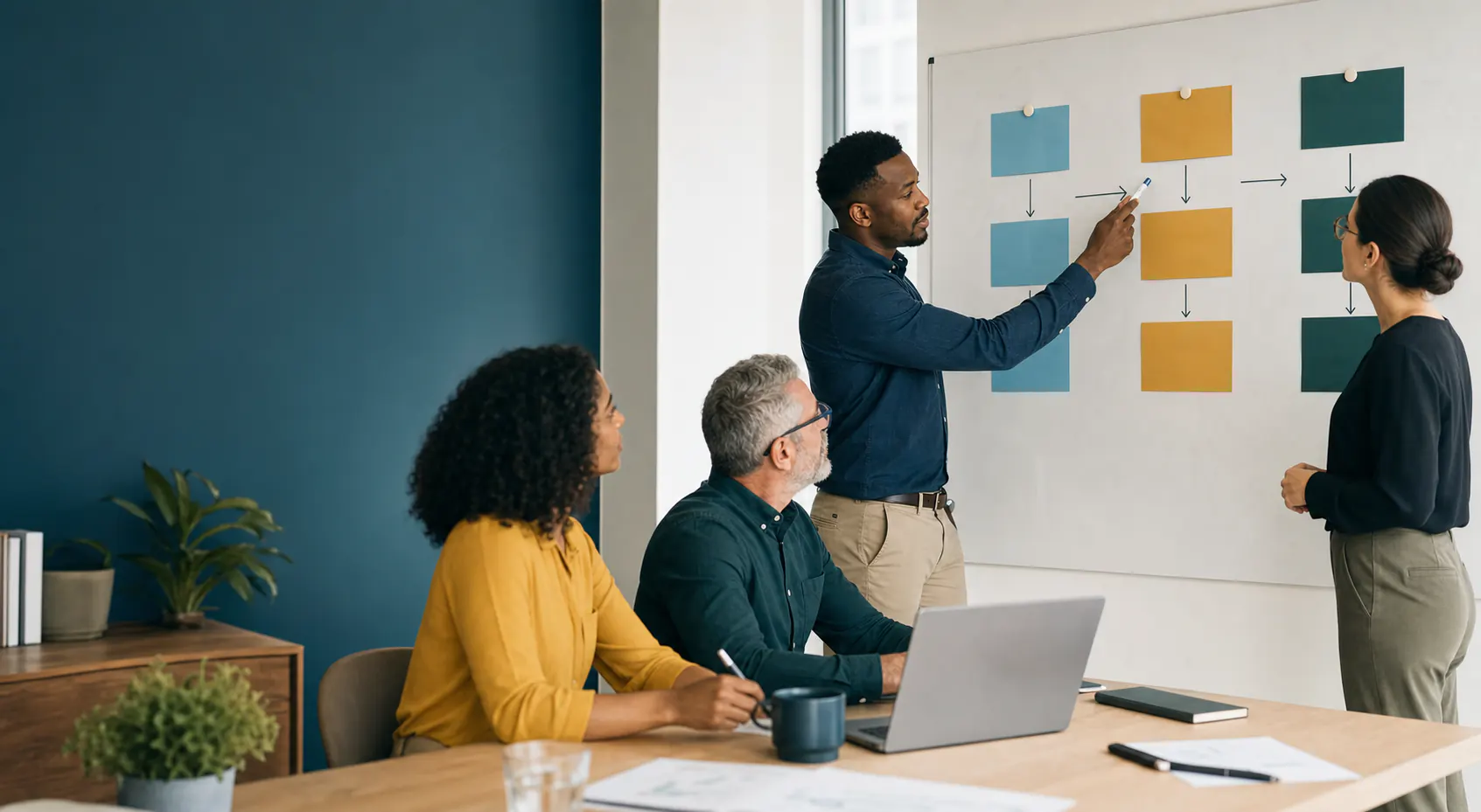 Small-business leaders planning certification positioning in an advisory workshop