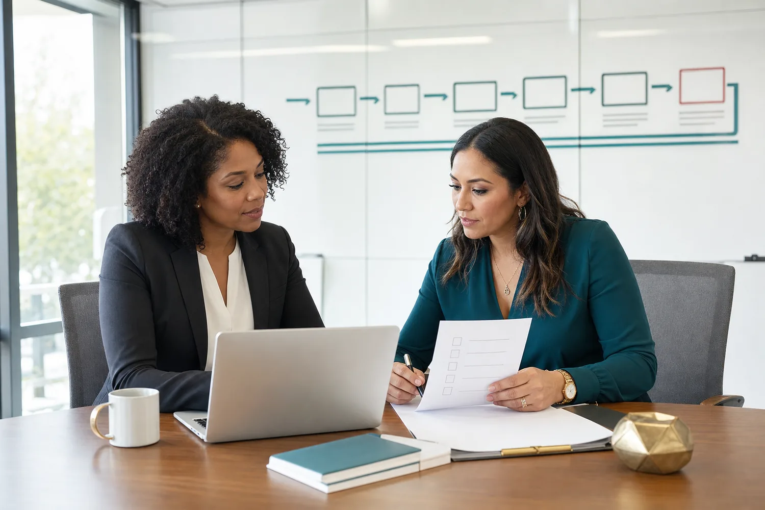 A small-business owner and advisor reviewing an engagement scope before signing