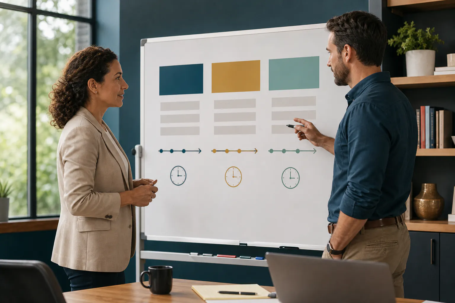 A founder and advisor comparing bid scenarios on a whiteboard