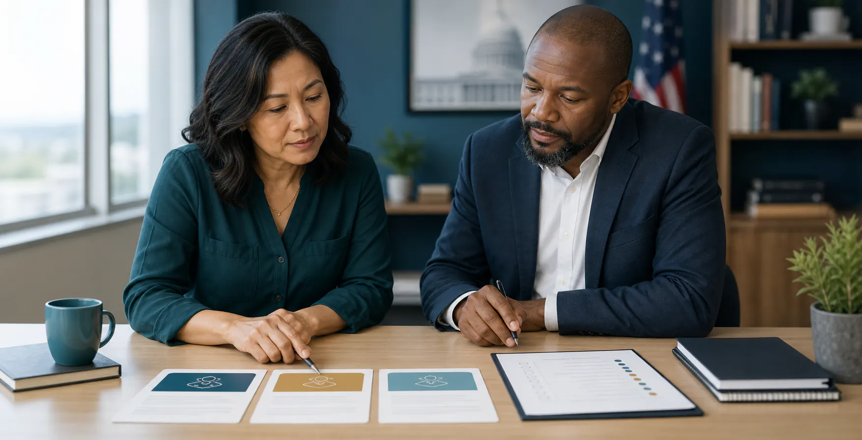 An advisor and founder comparing opportunity cards and a readiness checklist