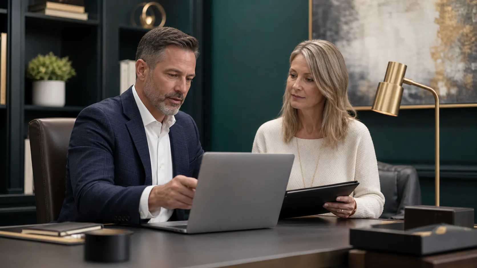 An advisor and client carefully reviewing a data-sharing checklist