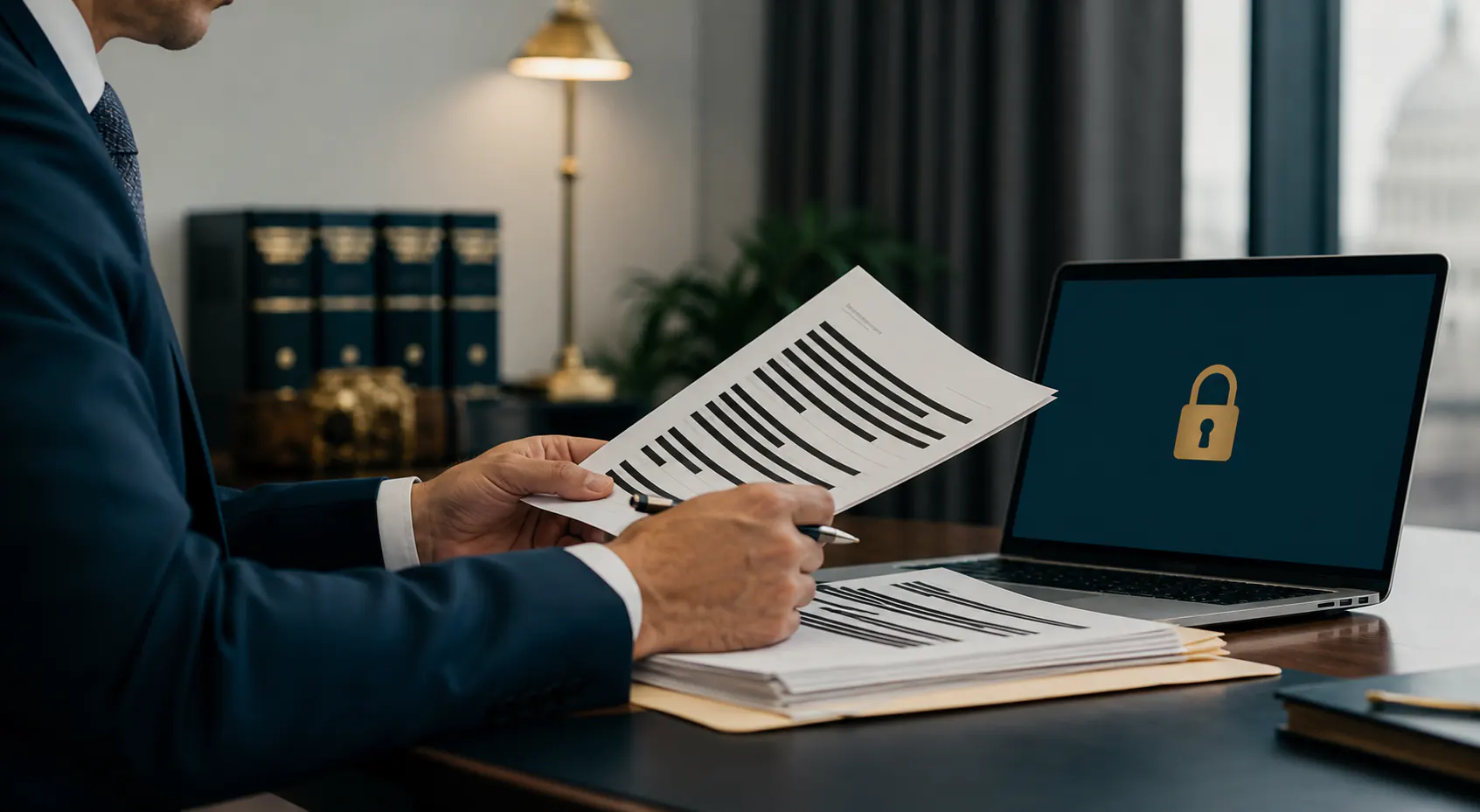 An advisor reviewing redacted documents and data-handling notes