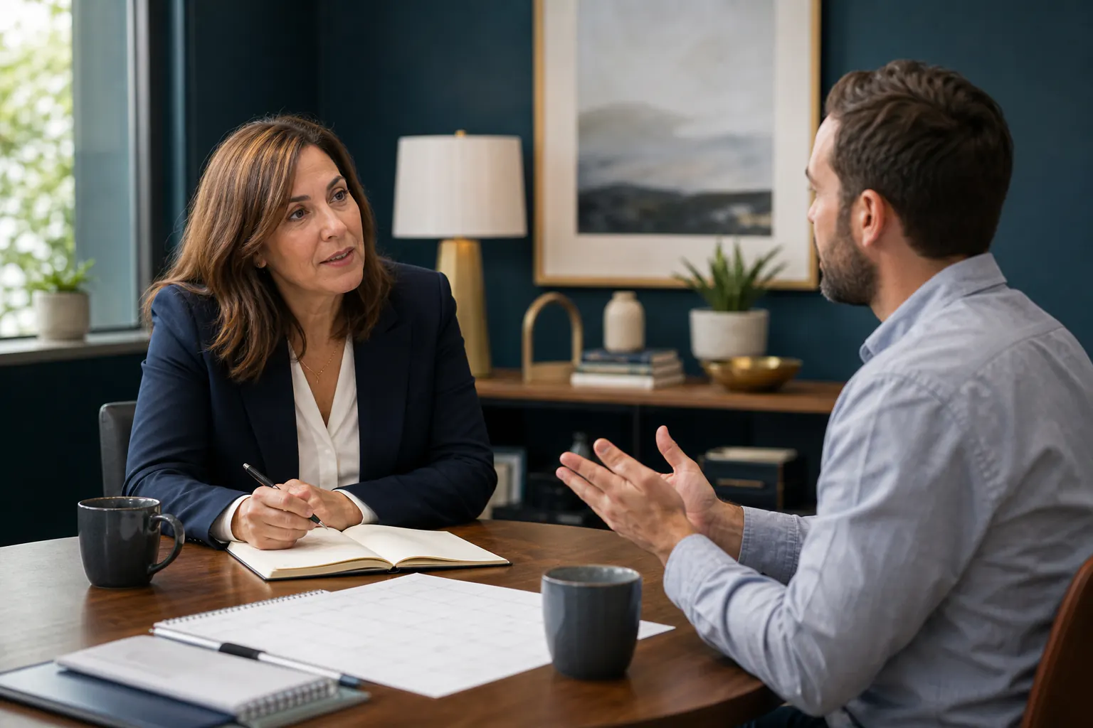 An advisor and small-business founder having a proposal conversation