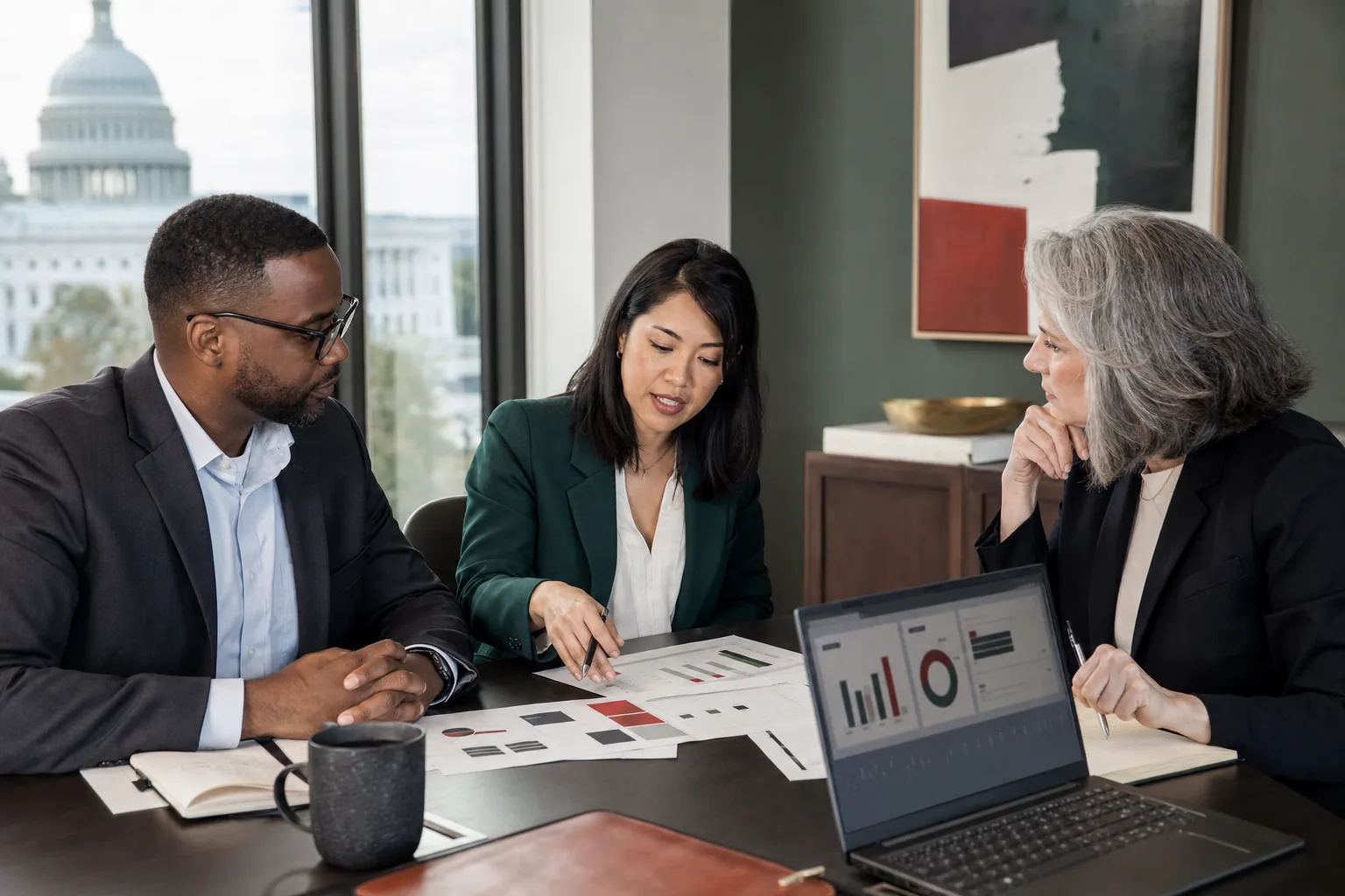 A small government contractor leadership team reviewing federal market developments