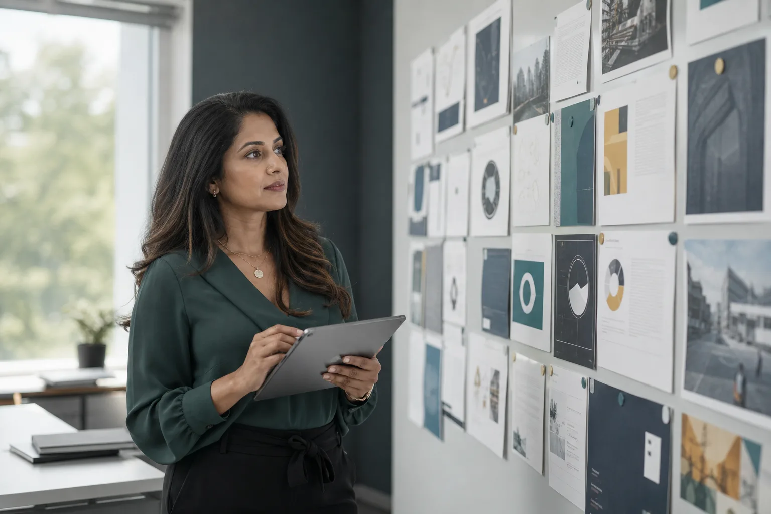 A woman-owned small-business leader reviewing market research