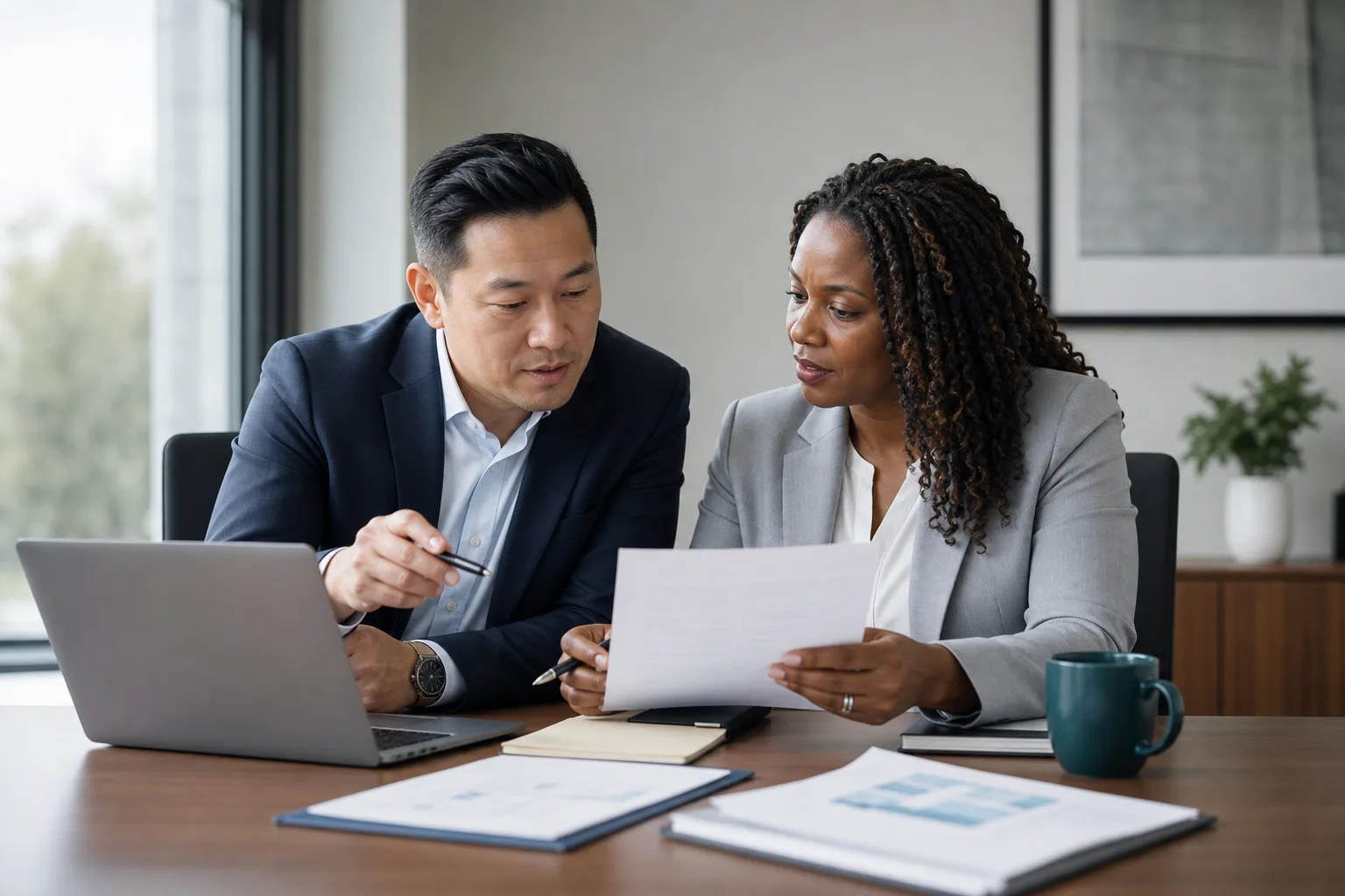 Two small-business professionals reviewing a federal opportunity together