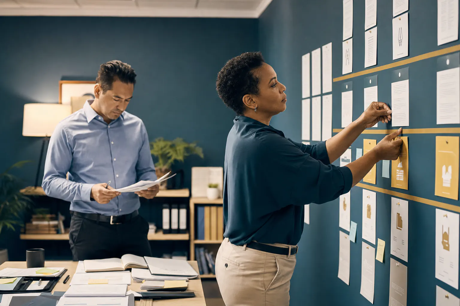 A proposal manager and colleague planning response sections and review milestones