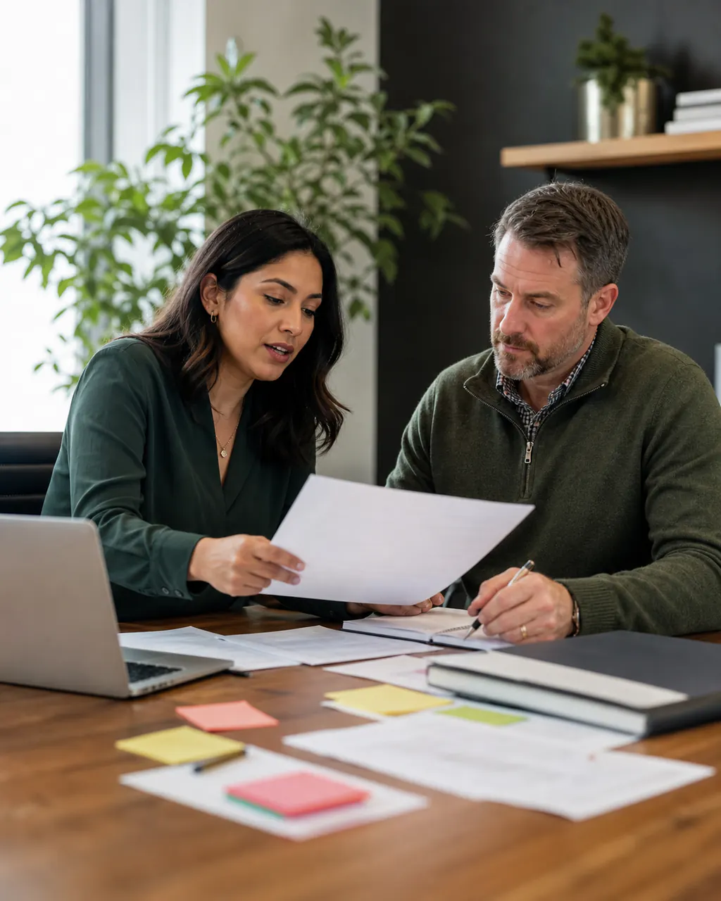 Two business professionals reviewing an opportunity at a table