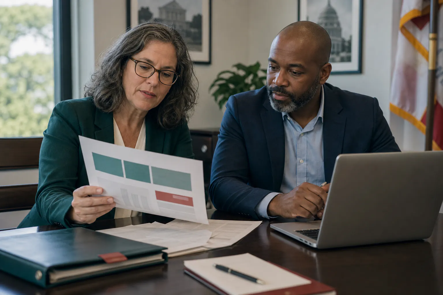 A small-business owner and proposal advisor reviewing a readiness report together
