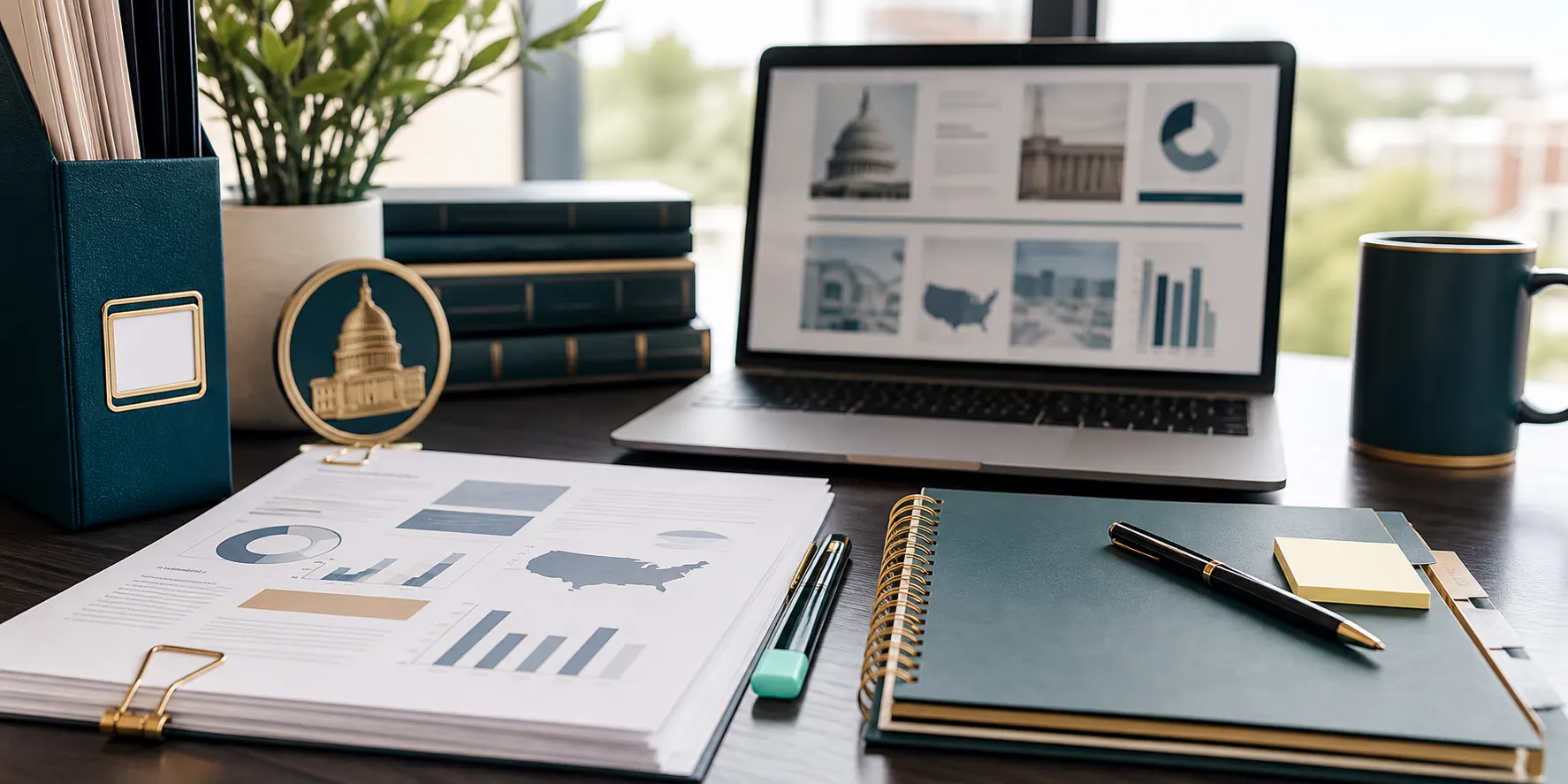 An organized research desk with procurement notes and a laptop