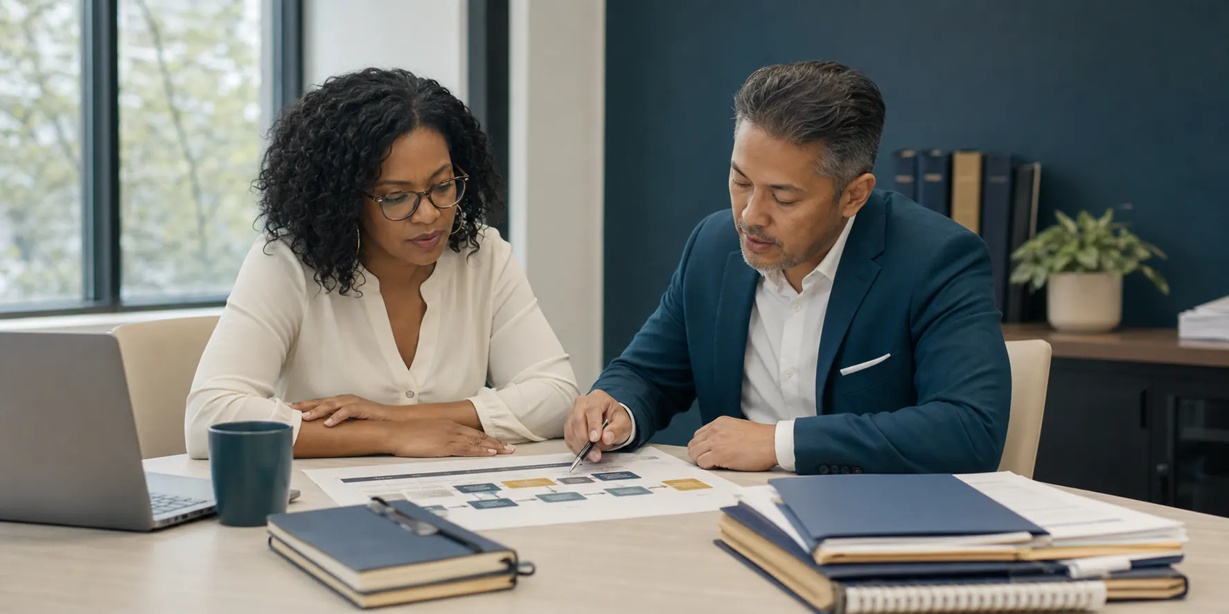 A small-business leader and advisor reviewing a proposal support roadmap